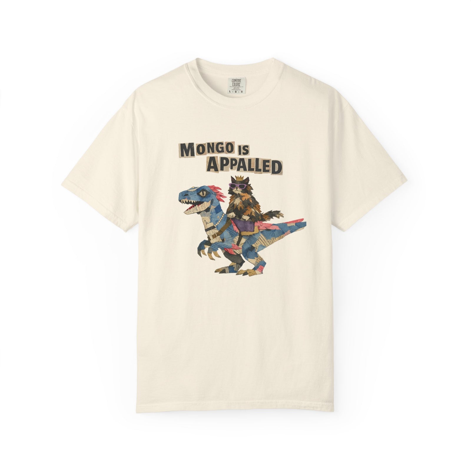 Camiseta beige con ilustración de dinosaurio y texto 